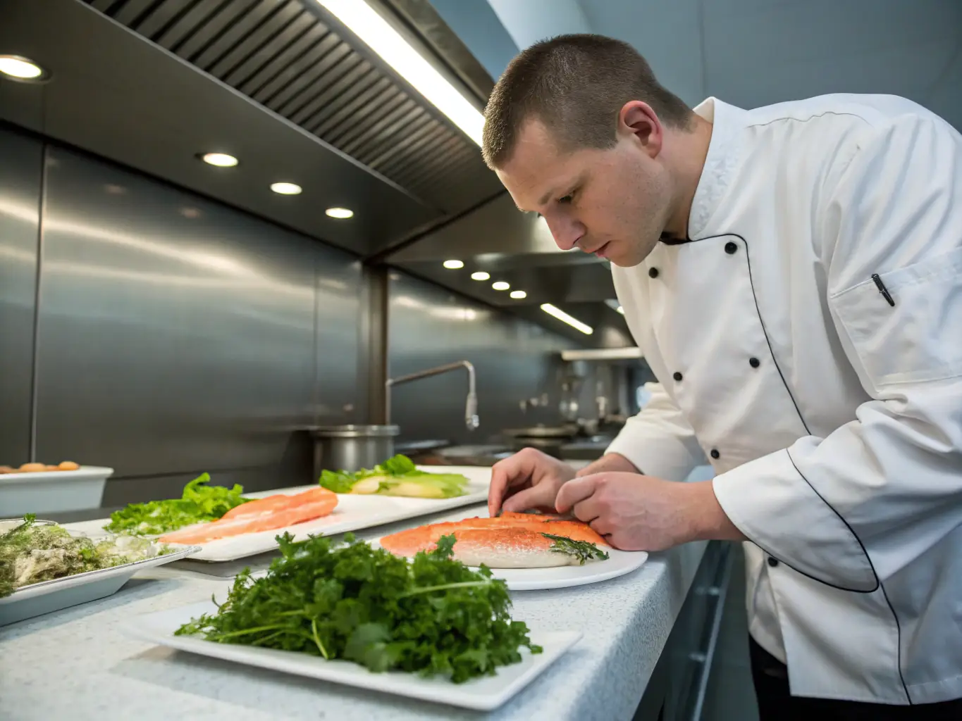 A skilled chef preparing a seafood platter, carefully arranging the ingredients with precision and attention to detail, showcasing the craftsmanship and quality that goes into each SeaField platter.