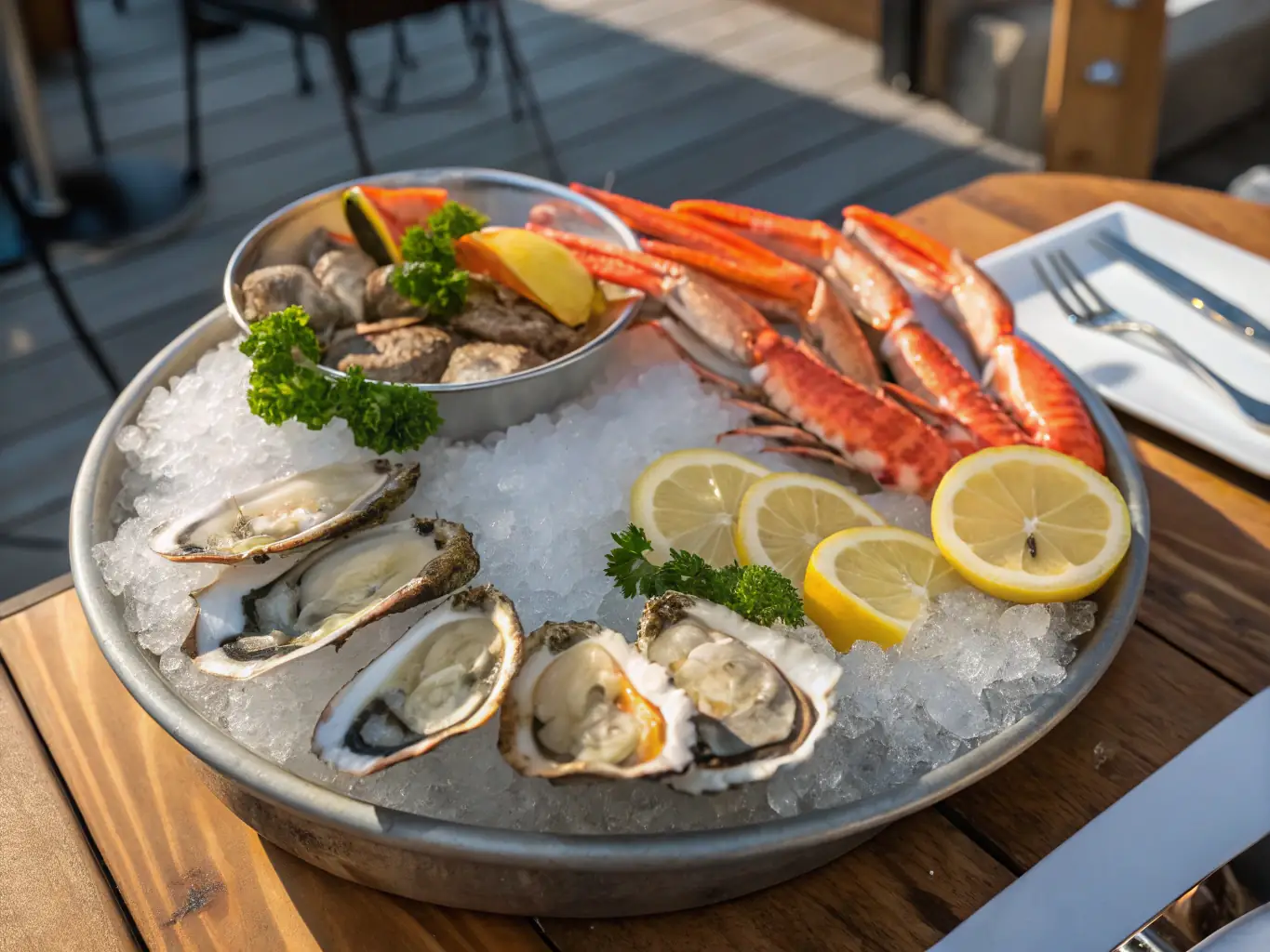 A beautifully arranged seafood platter featuring a variety of king crab legs, shrimp, mussels, and oysters, garnished with lemon wedges and fresh herbs, set against a backdrop of a luxurious dining setting.