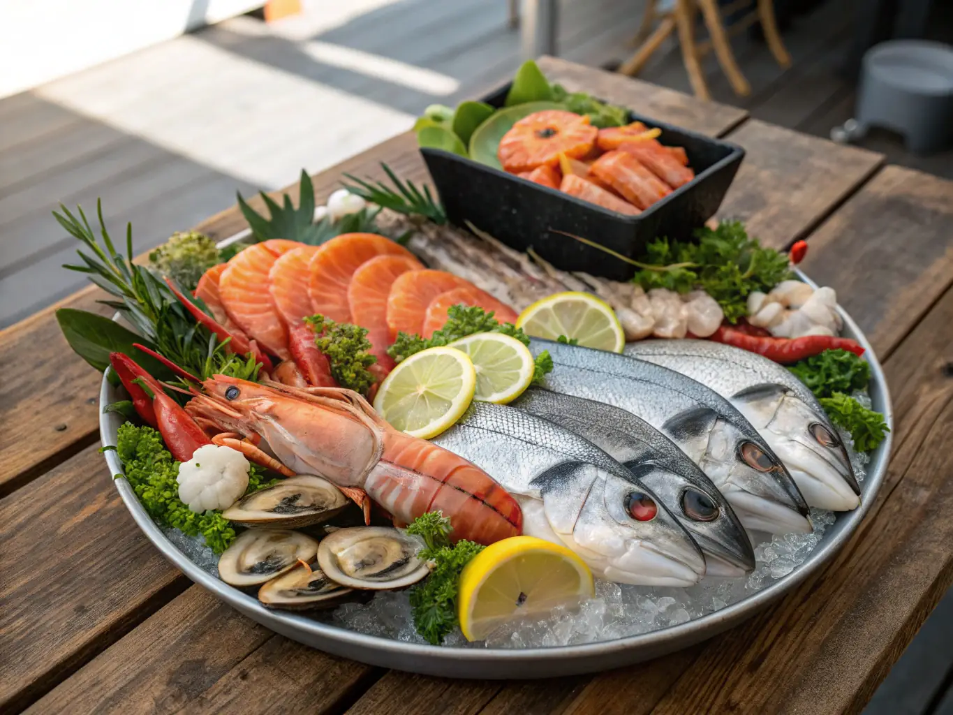 A close-up shot of a seafood platter highlighting the freshness and quality of the ingredients, including glistening shrimp, plump scallops, and vibrant tuna steaks, arranged artfully on a bed of ice.